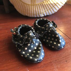 Leather Black and Gold Polka Dot Moccasins